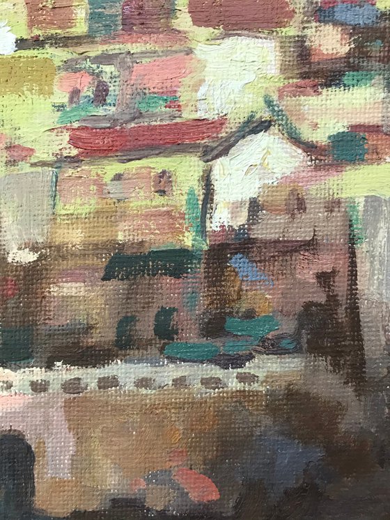 Original Oil Painting Wall Art Artwork Signed Hand Made Jixiang Dong Canvas 25cm × 30cm Manarola Italy small building Impressionism