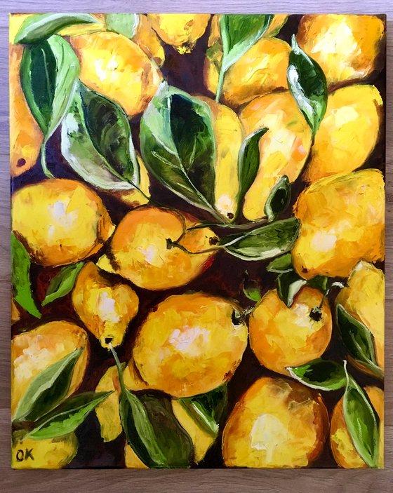 Lemons, oil painting, still life. Palette knife painting on canvas.