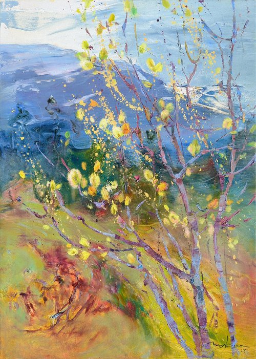 Moments of spring . Willow blossoms in the mountains . Original oil painting by Helen Shukina
