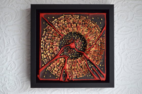 The Golden Crater - Original Framed Leather Sculpture 3D Relief Painting