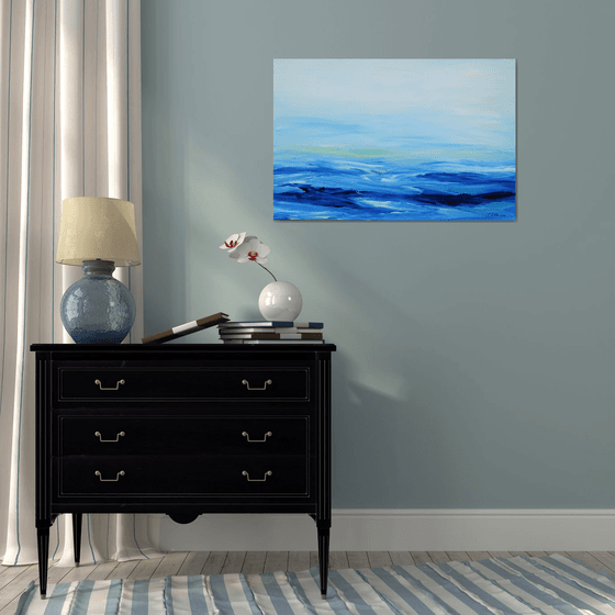 Large Abstract Seascape Painting #810-41. Blue, grey, teal, white. Beach, ocean, waves, sky with clouds.
