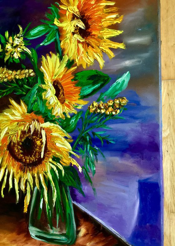BOUQUET OF SUNFLOWERS SALE.  inspired by VINCENT VAN GOGH . palette knife modern  oil still life painting on blue purple pink yellow Dutch style office home decor gift