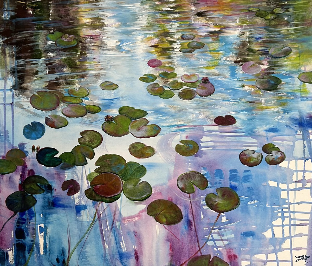 Abstract Botanical Acrylic Painting By Sandra Gebhardt-Hoepfner, 28 X 24", I Love Waterlilies 3, Original Artwork