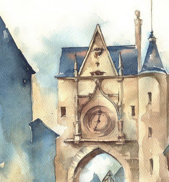 "Walk in the Medieval City" architectural artwork in watercolor