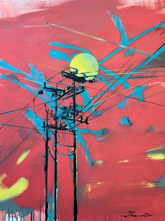 XXXL Urban painting-"Electricity"-Pop art-Polyptych-Bright-Street art-Diptych-Electric pole-Urban-Sunset