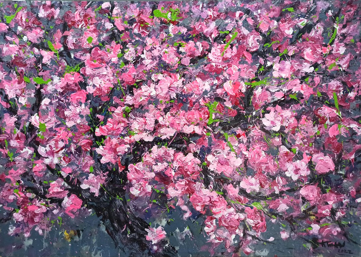 Impressionistic Botanical Acrylic Painting By Anh Tuan Le Le, 50 X 39, Peach Blossom In Spring,, Original Artwork