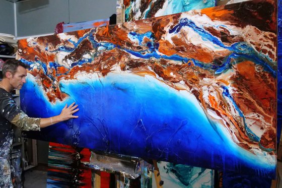 Blue Candy Coast 240cm x 100cm Blue Orange Textured Abstract Art