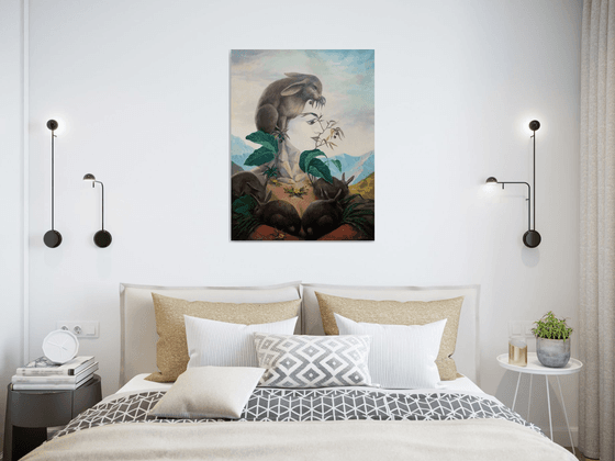 Bunny girl 60x80cm, oil painting, surrealistic artwork