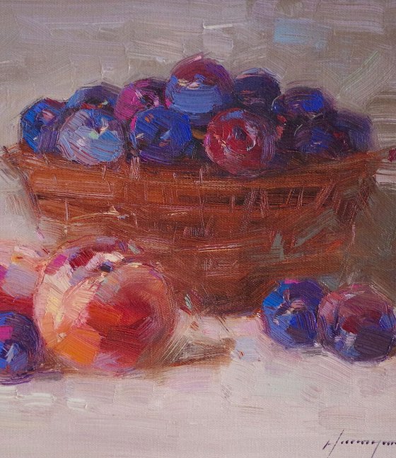 Still life with Plums, Original oil painting  Hand painted artwork One of a kind Signed with Certificate of Authenticity