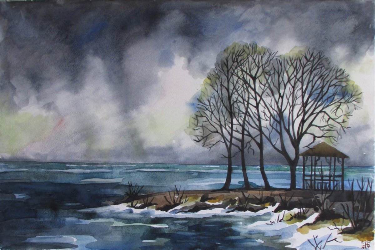Photorealistic Landscape Watercolour By Kateryna Bortsova, 24 X 16", Snow Melting Watercolour Painting, Original Artwork