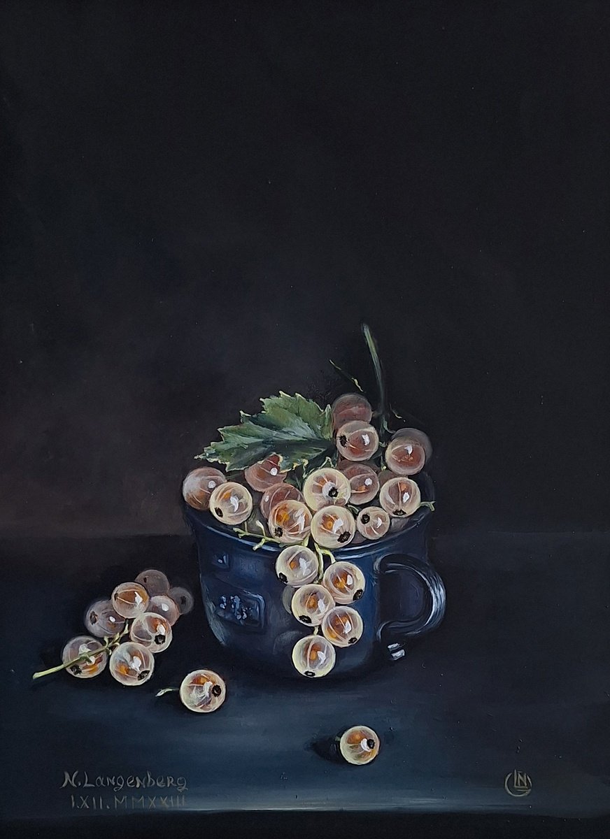 Photorealistic Still Life Oil Painting By Natalia Langenberg, 7 X 9", Golden Currants In A Blue Cup, Original Artwork
