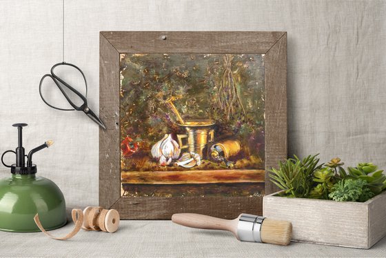 Garlic and a copper mortar