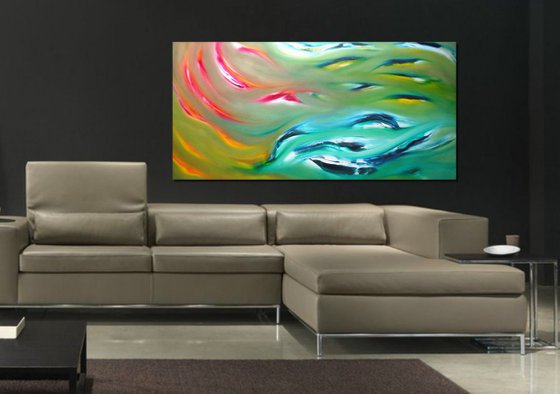 Dolphins - 120x60 cm, Original abstract painting, oil on canvas