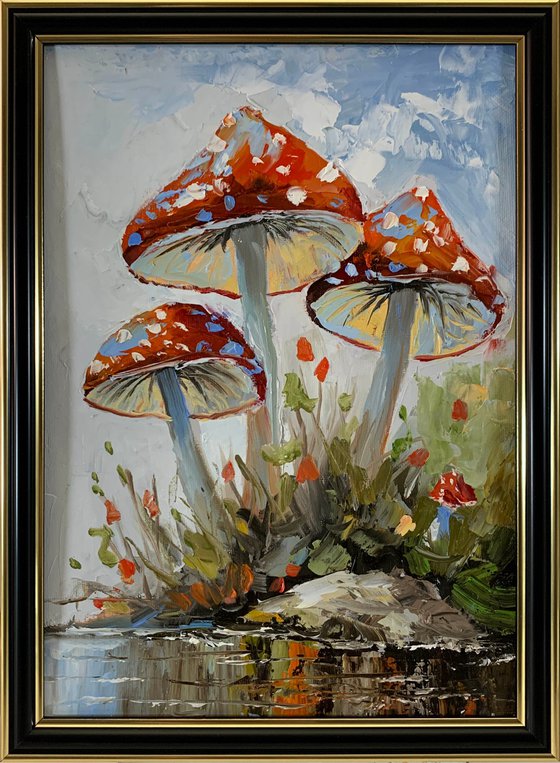 Fly agaric.Mushrooms landscape