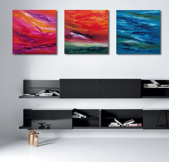 Sky Element,  Full Series  - Triptych n° 3 Paintings, Deep edges, Original abstract, oil on canvas