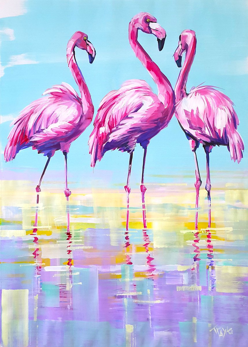 Abstract Animal Acrylic Painting By Trayko Popov, 28 X 40", Flamingos, Original Artwork