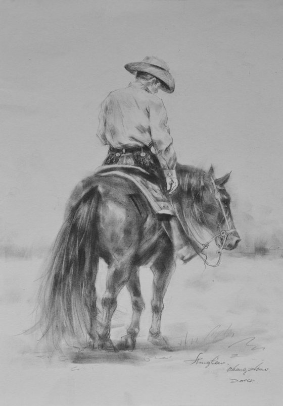 original art drawing charcoal cowboy and horse  on paper #16-4-13-08