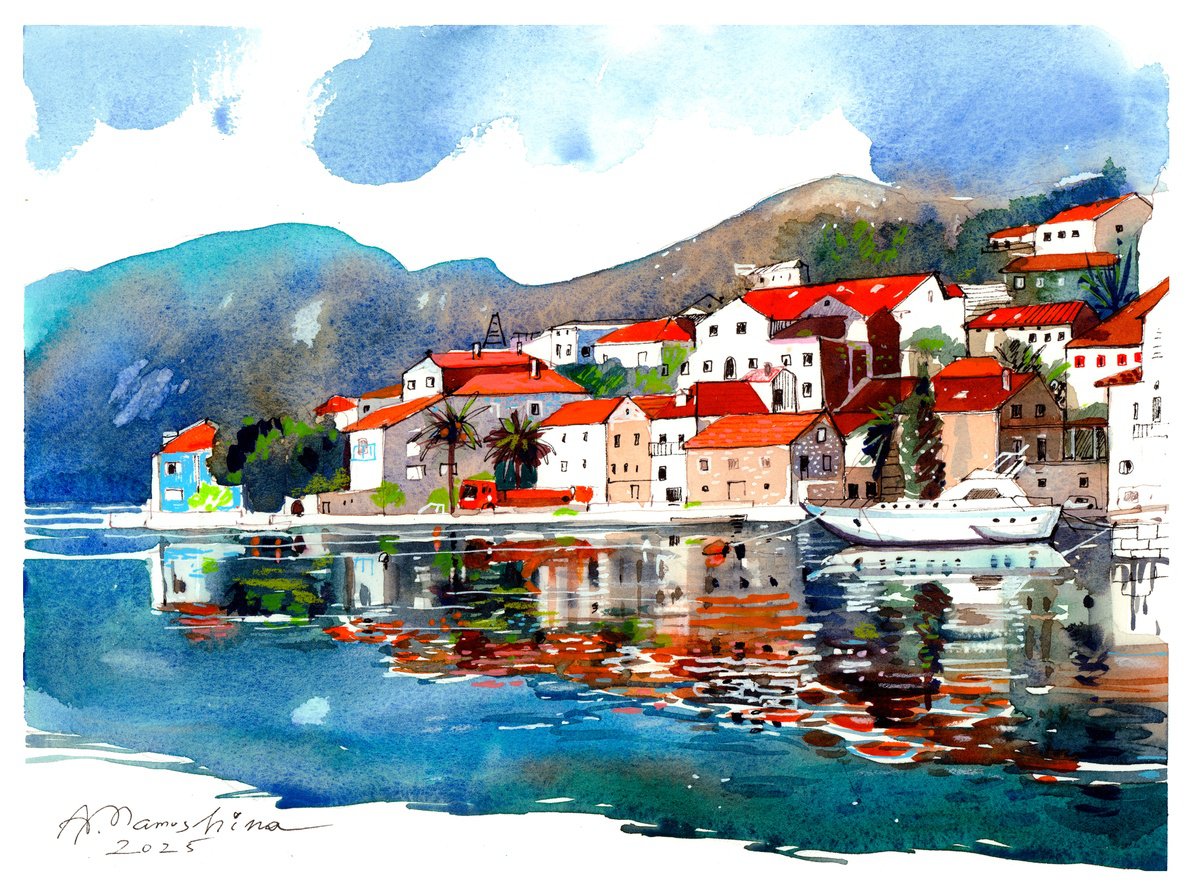Impressionistic Landscape Watercolour By Anastasia Mamoshina, 13 X 9, Reflections Of Perast, Original Artwork