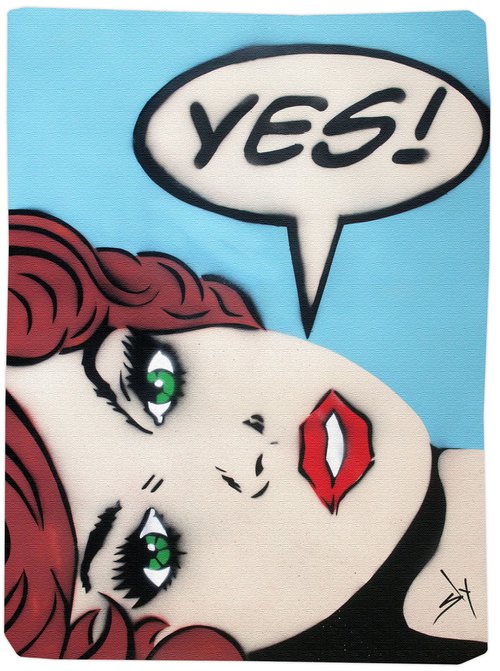 "YES!" (Brunette, blue)  (on gorgeous watercolour paper). by Juan Sly