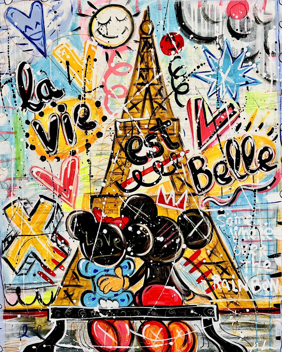 Urban And Pop Animal Acrylic Painting By Mercedes Lagunas, 32 X 39", Somewhere In Paris, Original Artwork