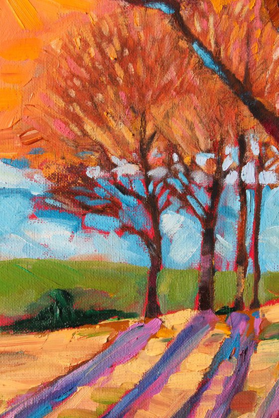 Glory sunset - Landscape with trees, lights and shadows Oil painting