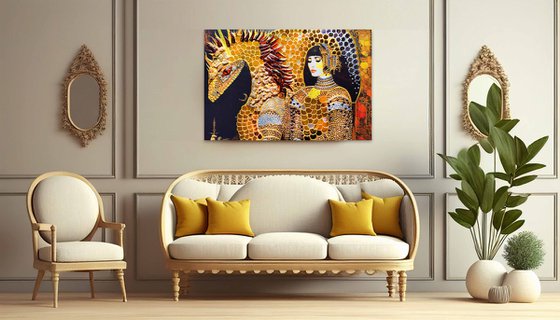 Woman knight and dragon. Fantasy surrealism fairy tale magic art. Renaissance middle ages castle art. Female portrait woman wall art for home decor