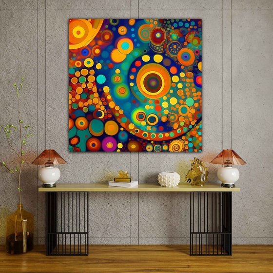 Klimt inspiration abstract. Large positive vibrant colors geometric abstract, bright wall art hanging