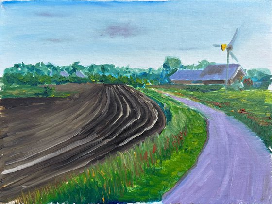 Plowed field, road and windmill . Plein Air