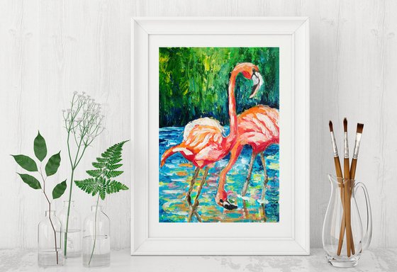 Flamingo Painting Original Art Impasto Couple Bird Artwork