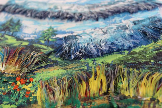 Be the Change in the World , 2018 - Impressionistic Landscape Painting using Acrylic Paints and Non-Recyclable Polyester Labels on Canvas