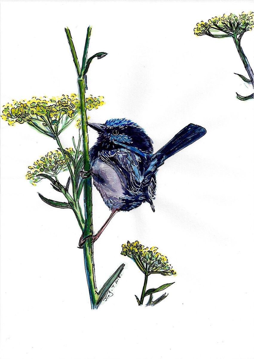 Bird on fennel by Jing Tian