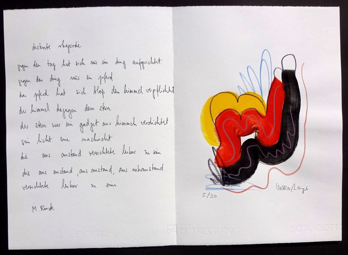 Monika Rinck: Diskrete Rhapsodie, variant 5 - handwritten poem and original gouache by Volker Mayr