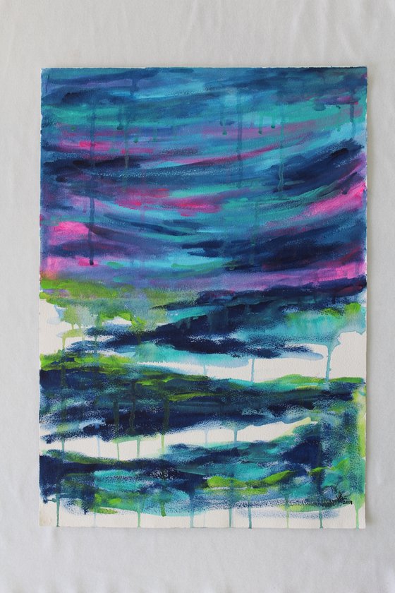When Thoughts Flow - Abstract acrylic landscape or seascape painting on paper - affordable gift art
