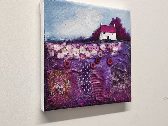 Little cottage on purple patchwork Field Textured Landscape