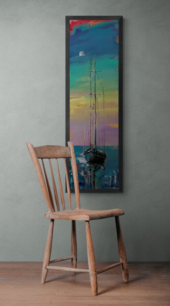 Big vertical painting - "Bright dawn" - delicate color - sunset - sailing boat - seascape