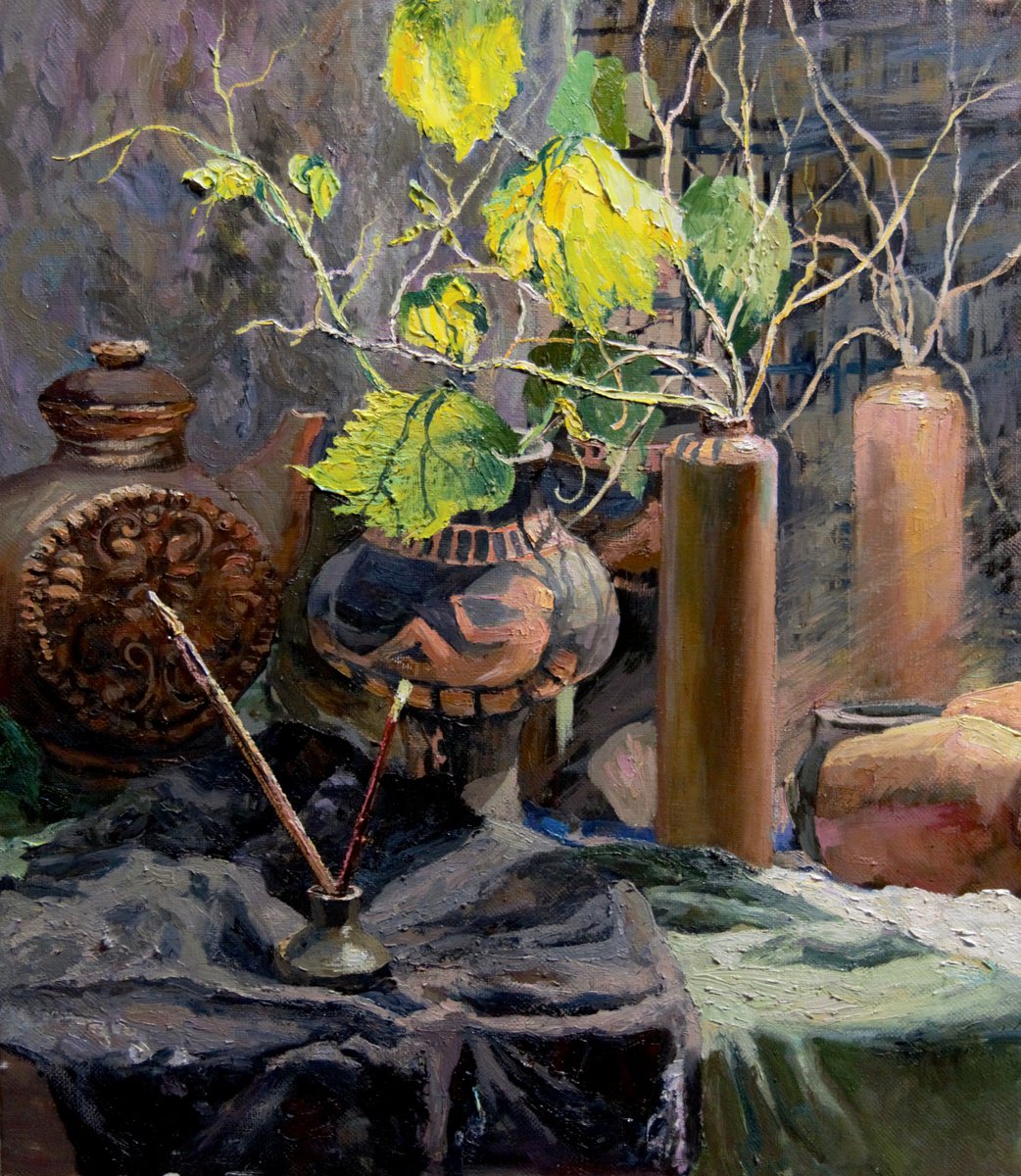 Sunny ceramic tableware and leaves still life oil painting by Dmitry Revyakin