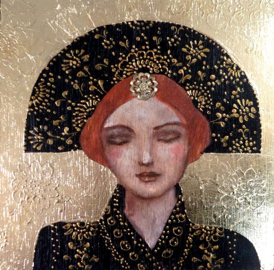 Female redhead icon on wooden panel 20 x 20 cm. "Antonina".