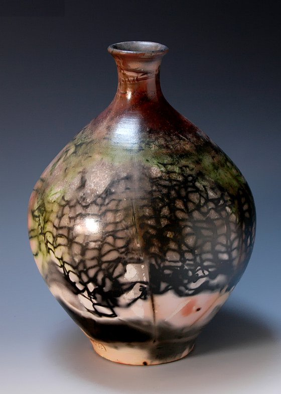 Raku Sagger fired bottle, one of a kind ceramics B137