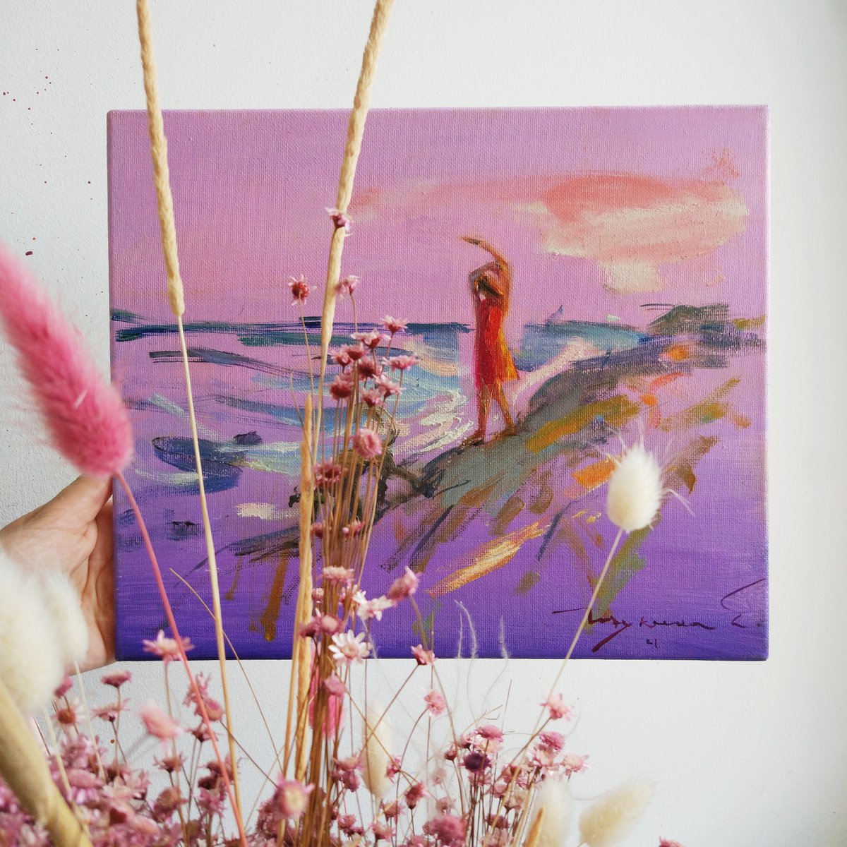 Impressionistic Landscape Oil Painting By Helen Shukina, 12 X 10, Play Of The Sea. Girl And Dog, Original Artwork