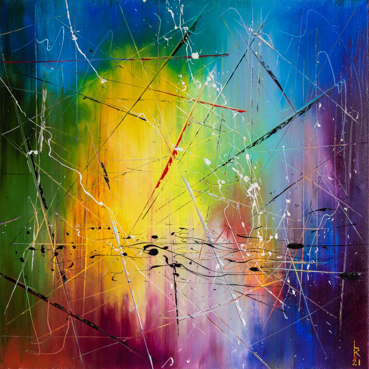 Abstract Oil Painting By Liubov Kuptsova, 20 X 20", Yellow Flash, Original Artwork