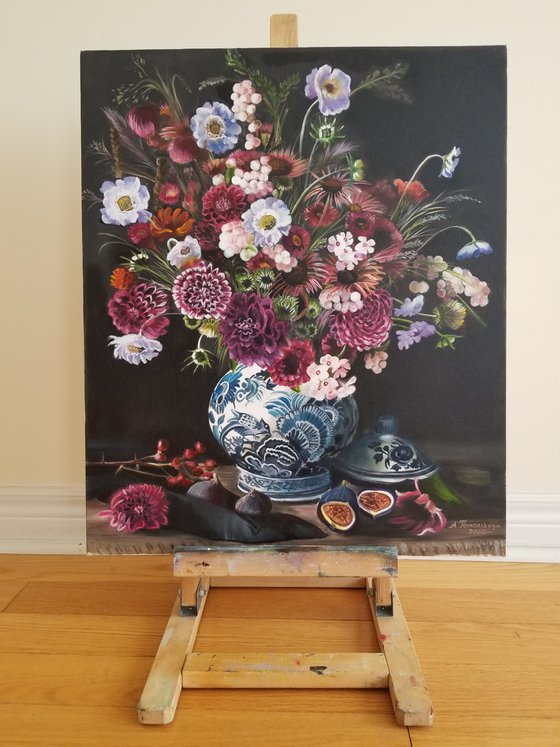 Vase with wildflowers. Original Oil Painting on Canvas. Performed in traditional technique of Old Masters from the Dutch Golden Age.