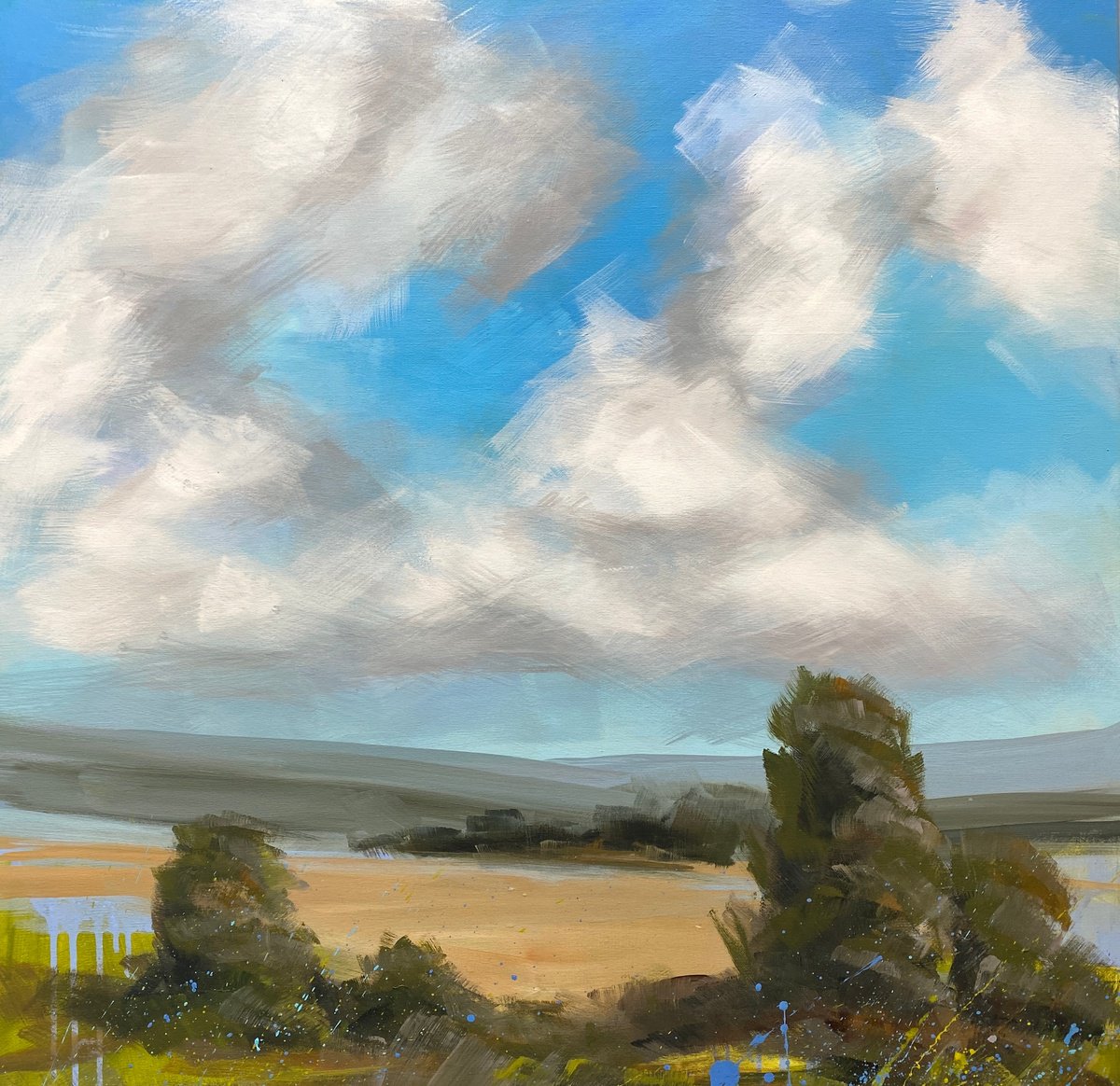 Impressionistic Landscape Acrylic Painting By Helen Mount, 31 X 31, Dance Of Clouds, Original Artwork