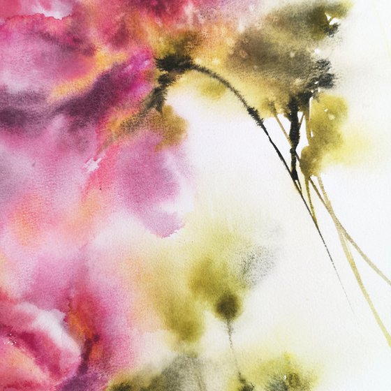 Pink flowers, abstract floral bouquet, watercolor