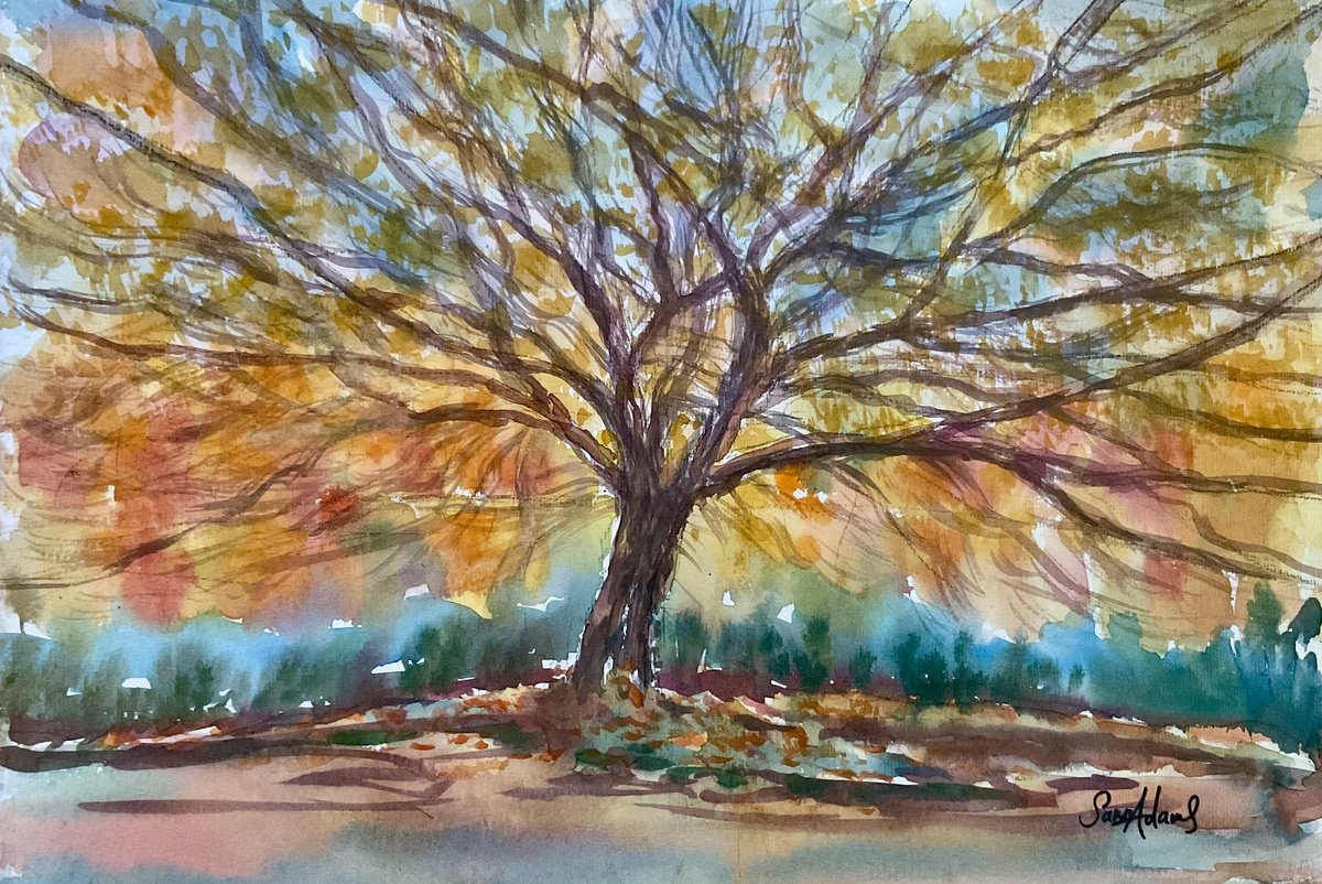 Impressionistic Landscape Watercolour By Samantha Adams, 14 X 9", The Tree By Stourhead Lake, Original Artwork