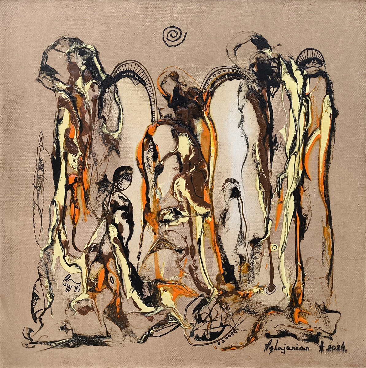 Abstract Portrait Oil Painting By Harutyun Aghajanyan, 20 X 20, Transient Forms, Original Artwork