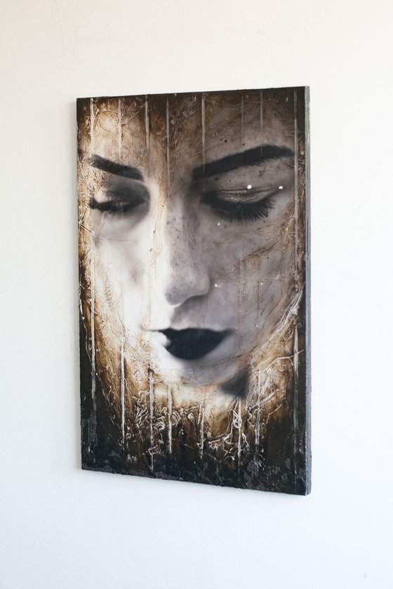 "Lonely world" (60x40x2cm) - Unique portrait artwork on wood (abstract, portrait, gouache, original, painting, coffee, acrylic, oil, watercolor, encaustics, beeswax, resin, wood, fingerpaint)
