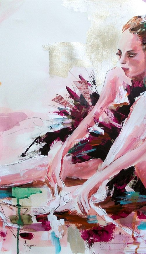 Sweet Surrender-Ballerina Painting on Paper by Antigoni Tziora