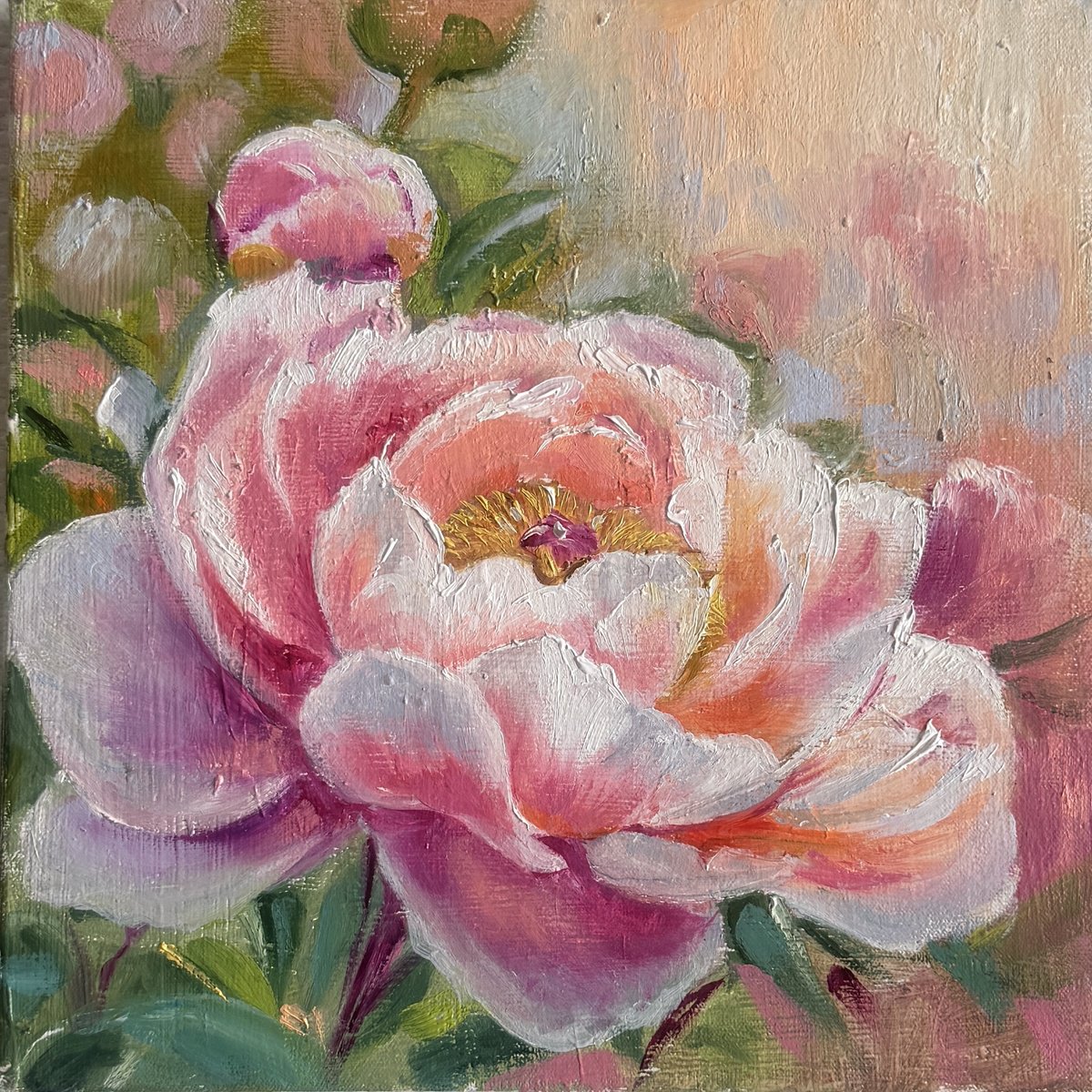 Expressive Oil Painting , Blush Peony In Bloom By Irina Ponna, 10 X 10, Artwork For Sale On Artfinder