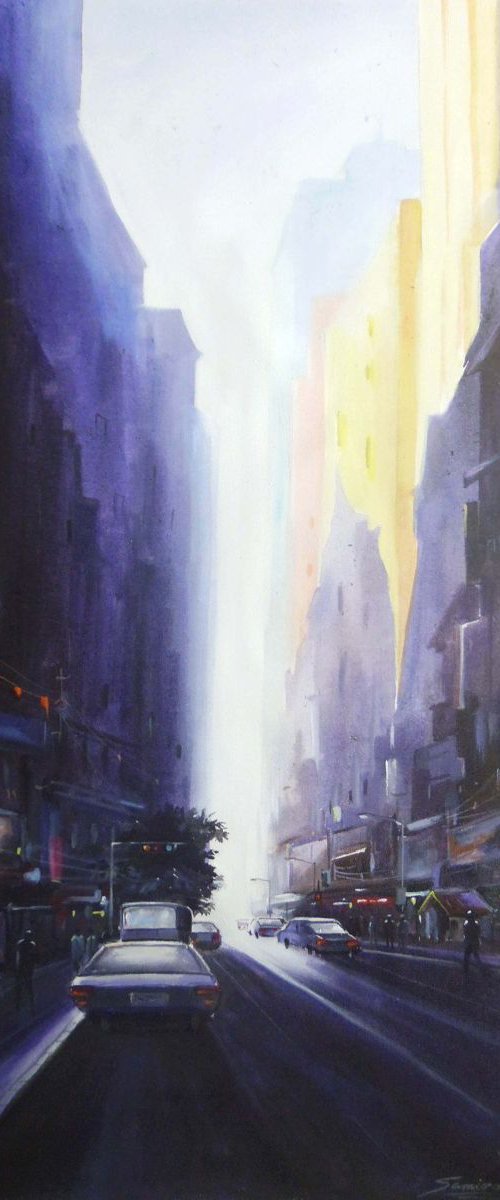 Morning City Light-Acrylic on Canvas by Samiran Sarkar