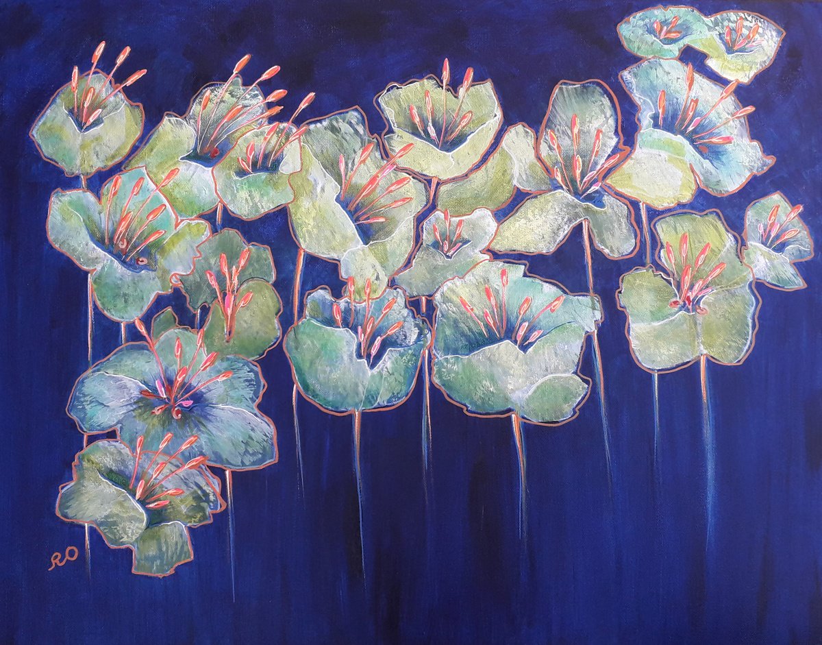 Abstract Botanical Acrylic Painting By Olga Rokhmanyuk | Roartus, 28 X 22", Green Flowers, Original Artwork